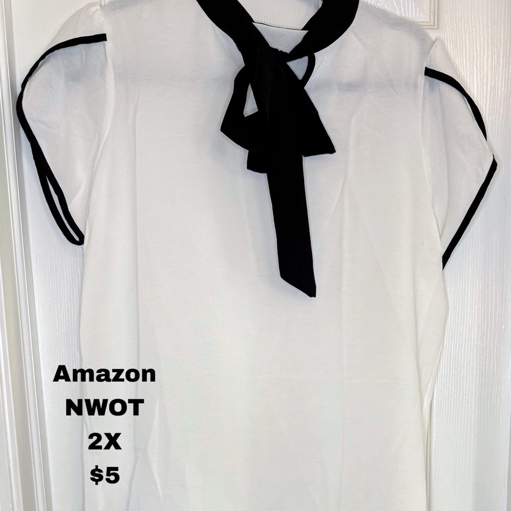 Amazon White Blouse with Black Trim
